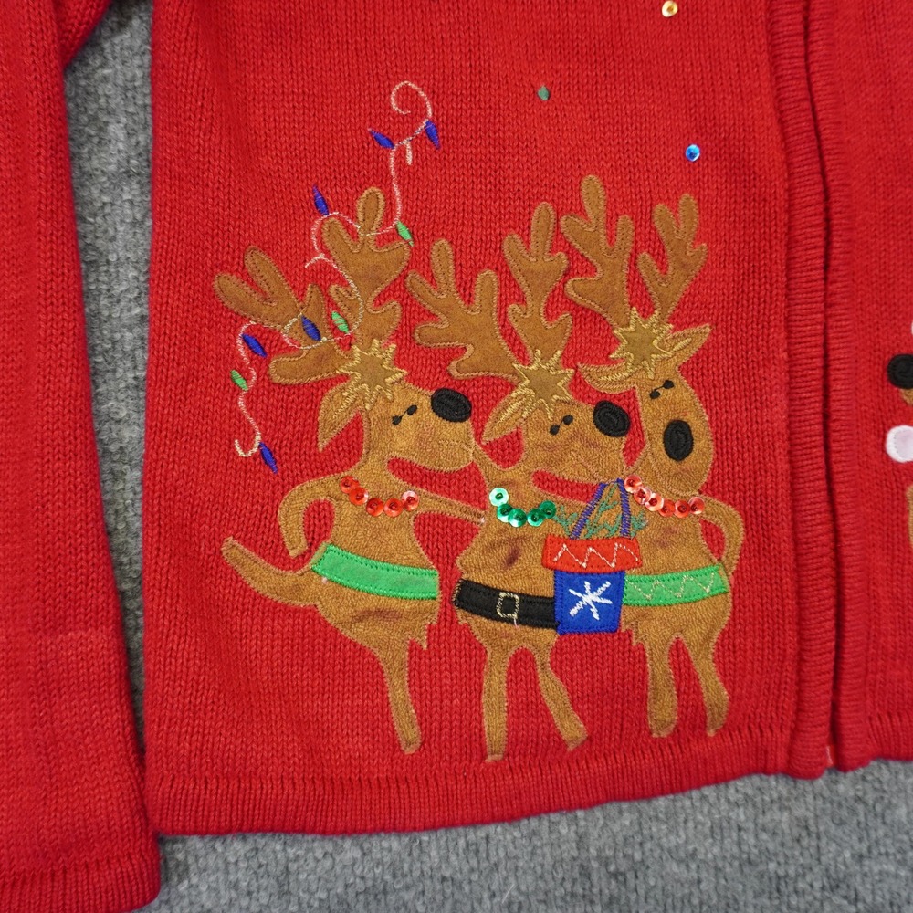 Vintage Reindeer Sequin Ugly Christmas Sweater Jingle Bell Cardigan Women M Red - Picture 2 of 9